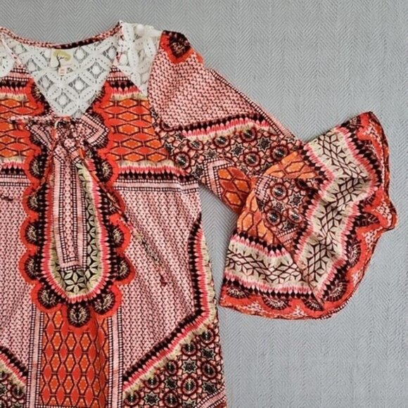 Fig & Flower Blouse Size Medium Red Floral Boho Peasant Tunic Lined Festival GUC - Picture 2 of 14